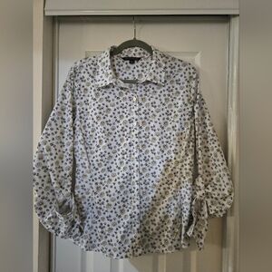 White Floral Print Button-Down Shirt